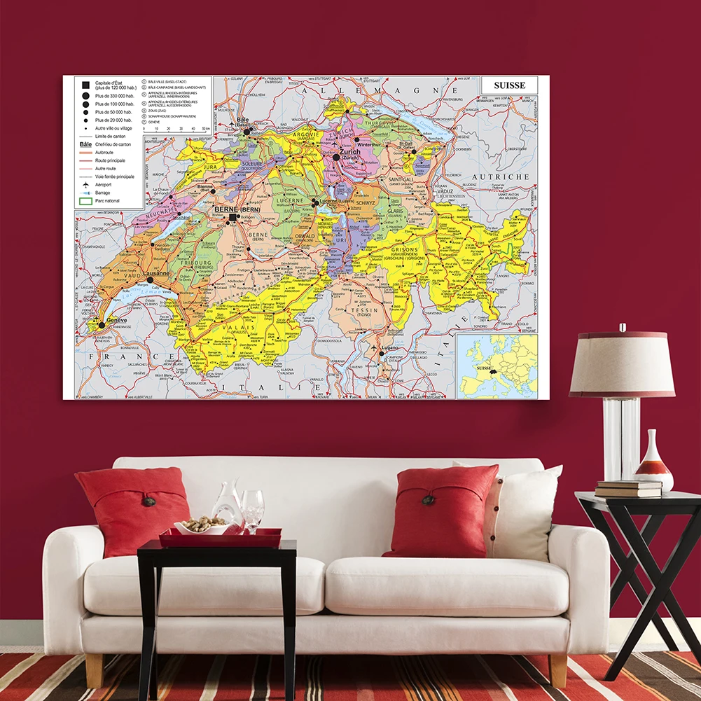 225*150cm transporte mapa da suíça em francês grande cartaz não-tecido lona pintura casa decoração material escolar