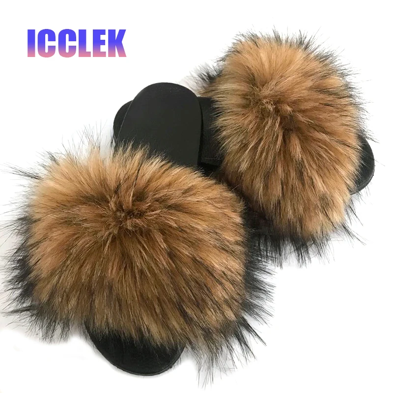 Fluffy Fur Slippers Women Summer Faux Fur Slides Indoor Flip Flops Furry Plush Woman Shoes Beach Sandals Flat Heels Home Slipper