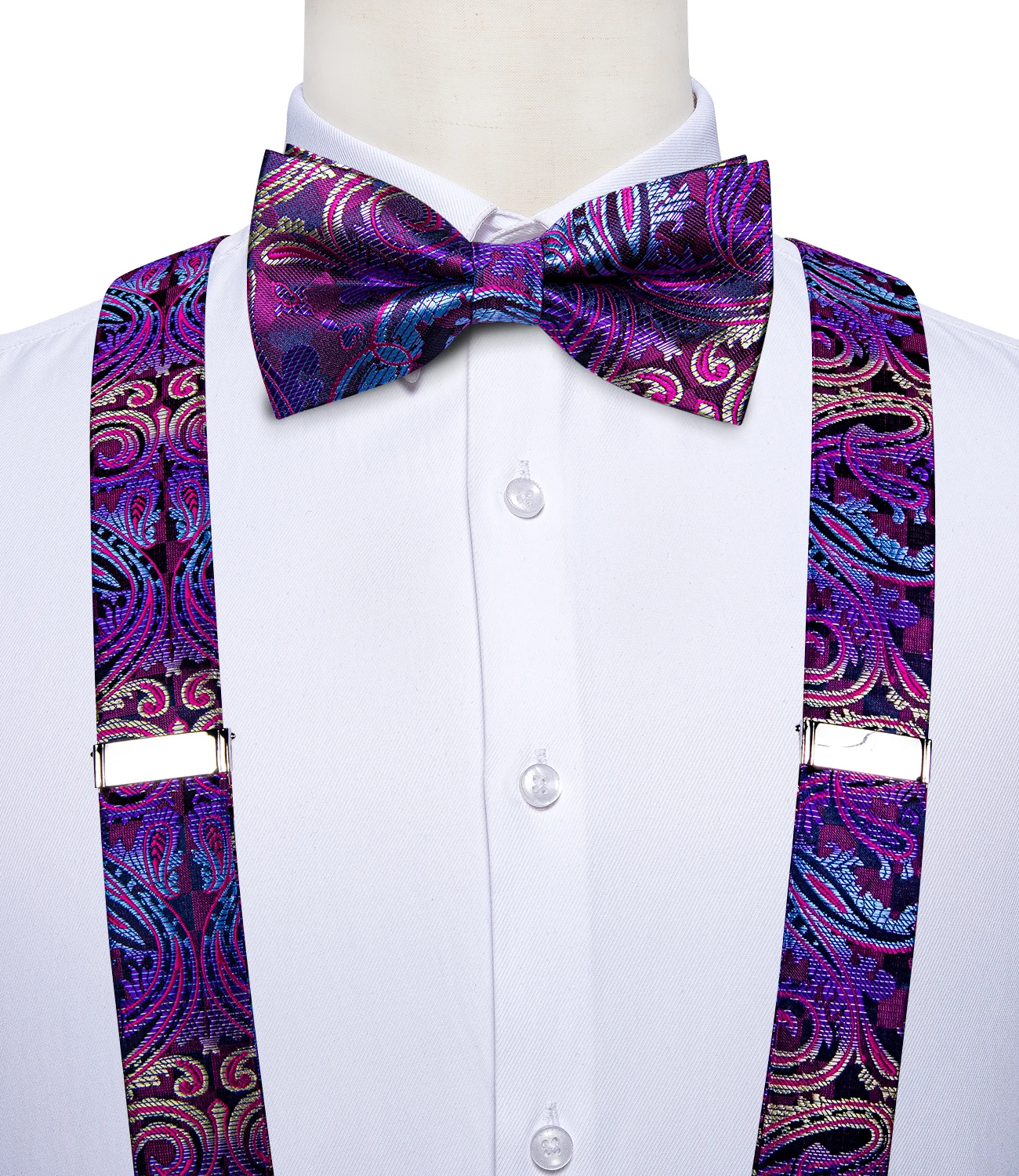 Fashion Purple Floral Men's Suspenders Bow Tie Set  Elastic Y-Back 6 Clips Braces Wedding Party Accessories Suspenders DiBanGu