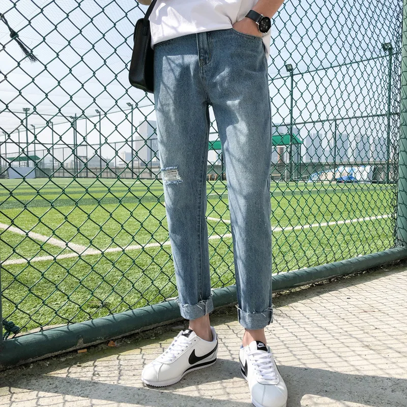 Denim Jeans Men's Spring Autumn Ripped Feet Ankle Length Pants Solid Color Straight Pants Beggar Pants Trendy Handsome Trousers