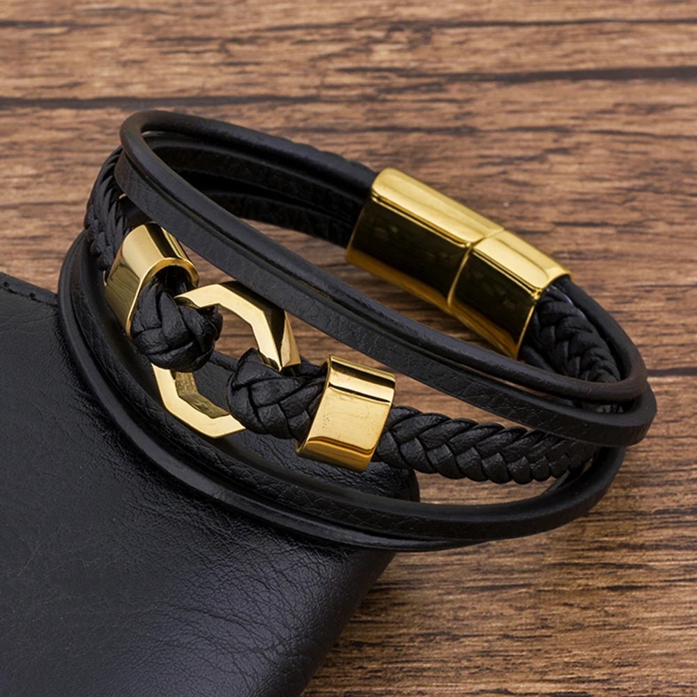 TYO Tendy Fashion Luxury Braided Rope Stainless Steel Men Leather Bracelet Gold Color Magnetic Clasp Bangles Jewelry For Father