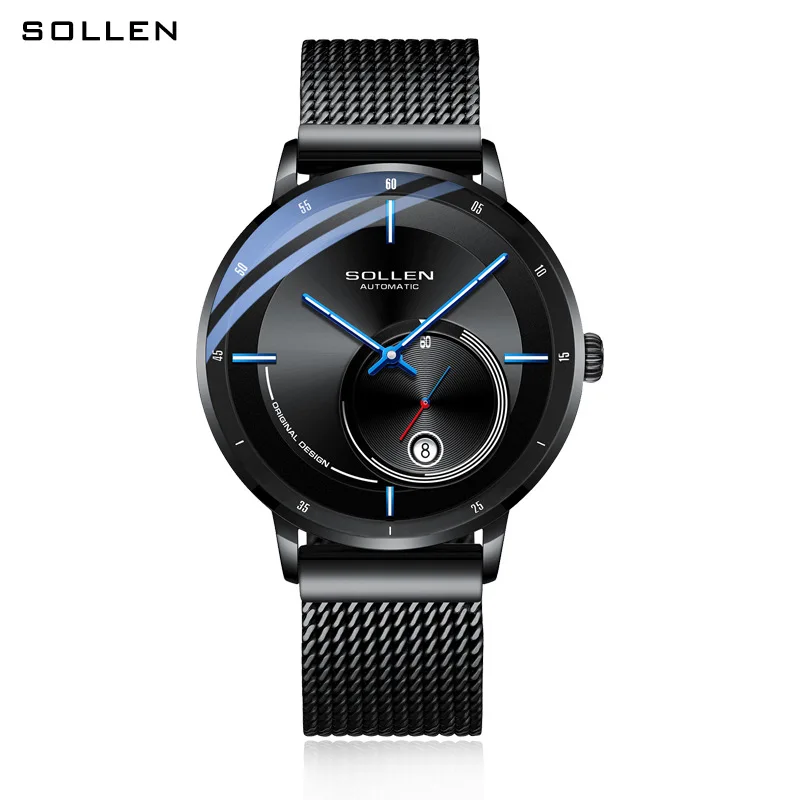 

SOLLEN Automatic New Luxury Men Mechanical hollow Wristwatch Stainless Steel GMT Watch Top Brand Men Watches relogio masculino