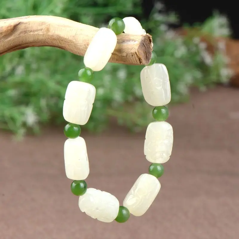 

Superb He Tian jade mala Bead Bangle jadeite arhat Bracelet Gemstone accessory prayer Amulet