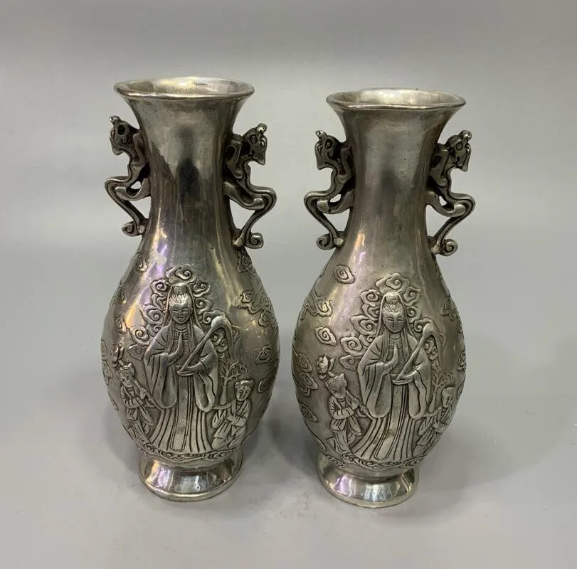 

Archaize White copper Guanyin bodhisattva vase household decoration crafts statue A pair