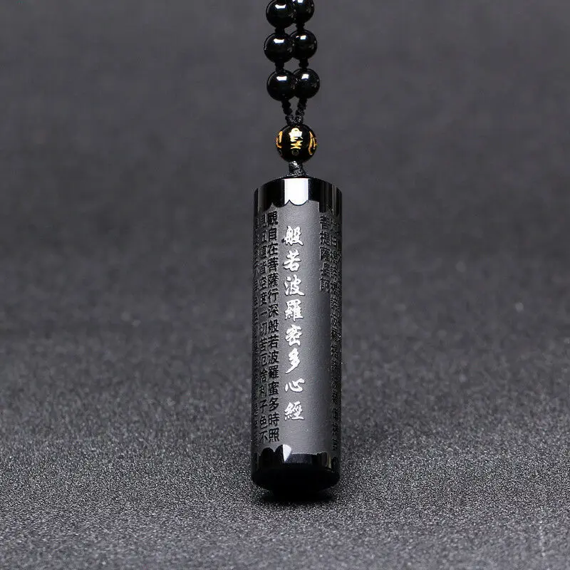 Natural Black Obsidian Carved Buddhism Words Strip Lucky Pendant +Beads Necklace