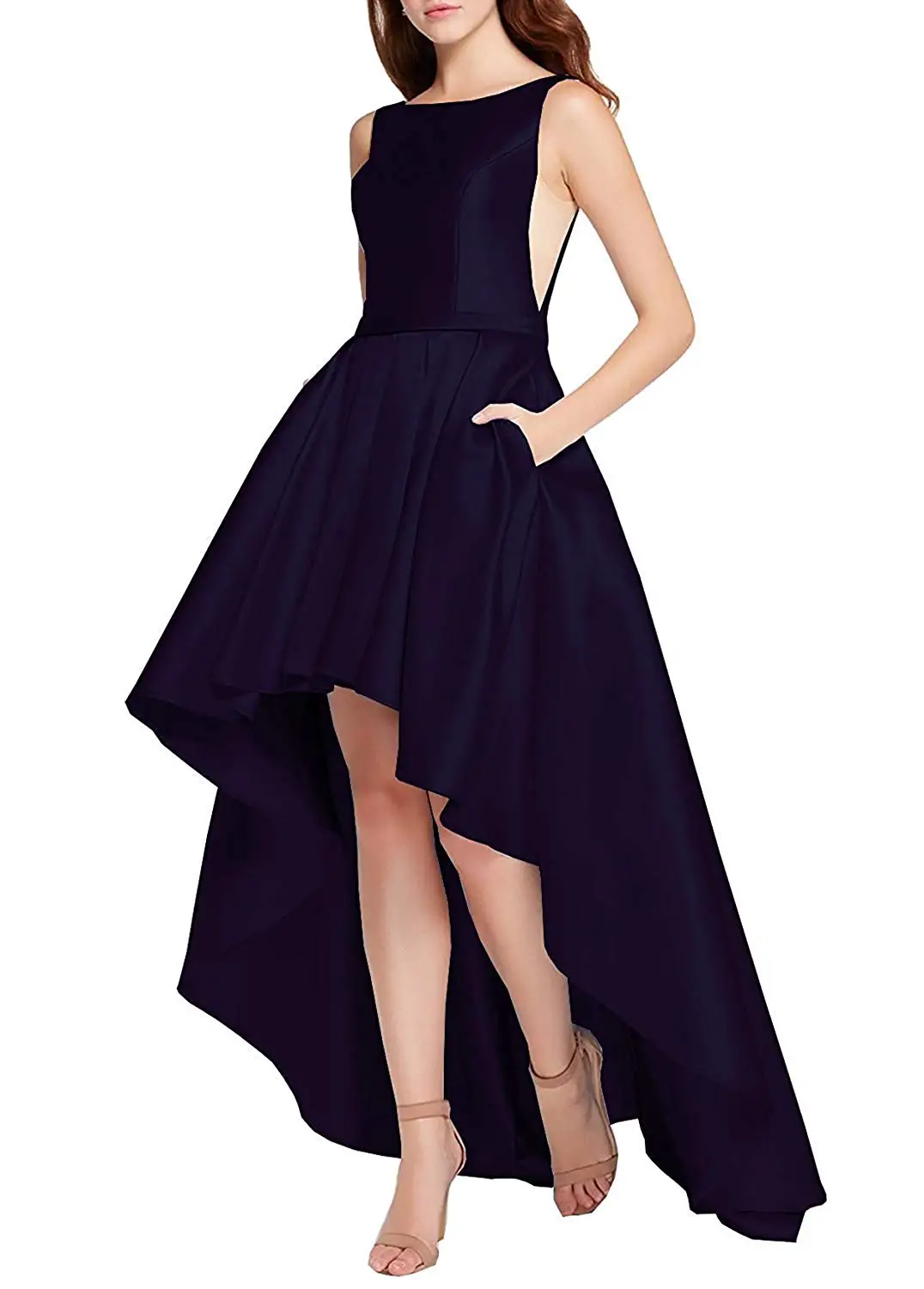 Alta baixa cetim vestido de baile longo colher pescoço formal vestidos de baile com pocketn robe de soiree vestidos elegantes para mujer 2022