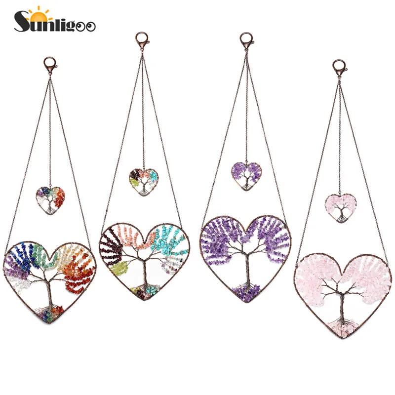 Sunligoo Love Heart Tree of Life Crystal Hanging Ornament Chakra Gemstones Yoga Spiritual Meditation Garden Wedding Home Decor