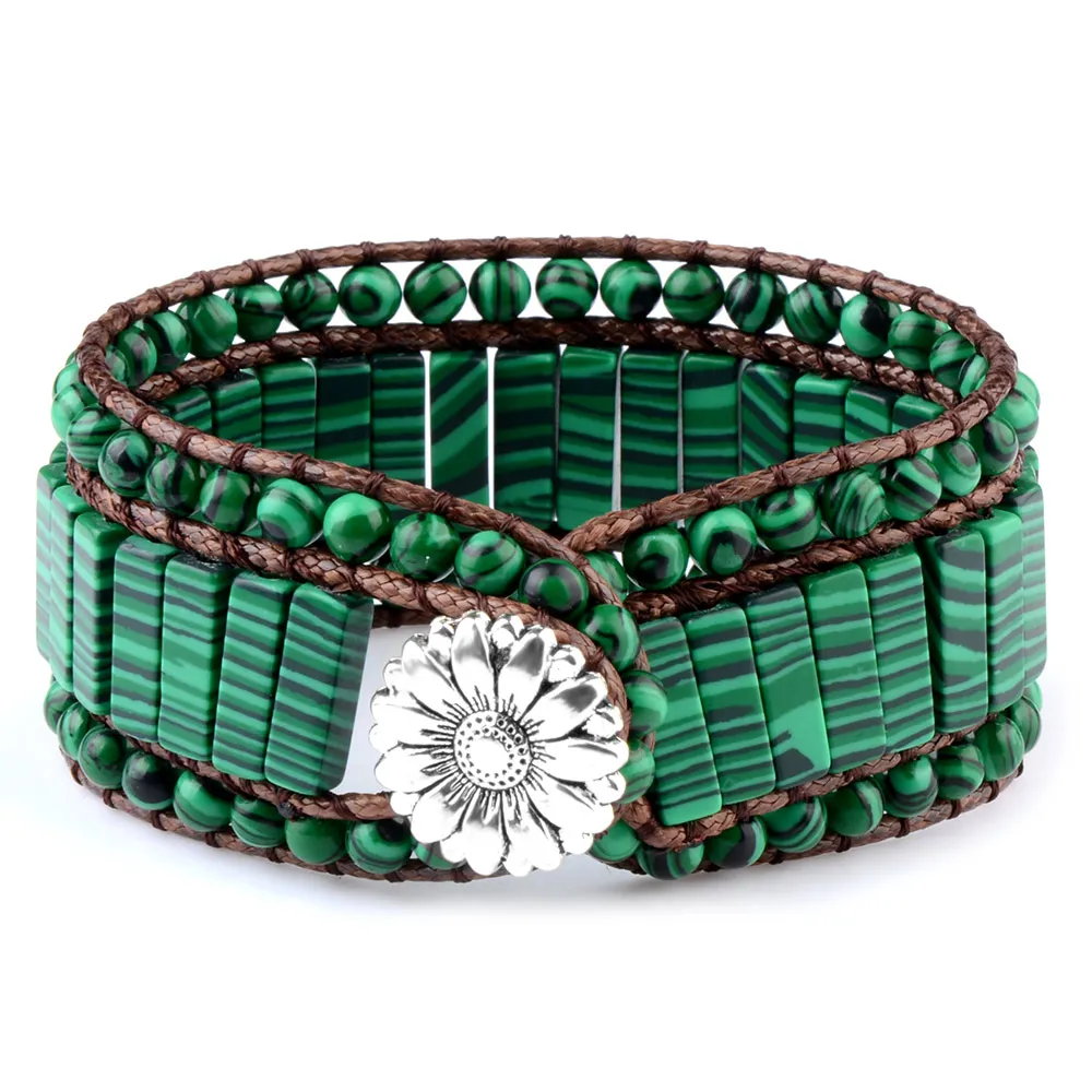 Chanfar hot sale style Malachite Stones Double Leather Wrap Bracelet Beaded Stainless steel flower buckle for men and women