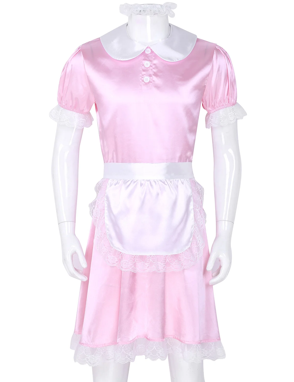 3Pcs Mens Sissy Girl Maid Dress Uniform Costume Doll Neck Short Sleeve Satin Dress with Headband and Apron for Cosplay Role Play