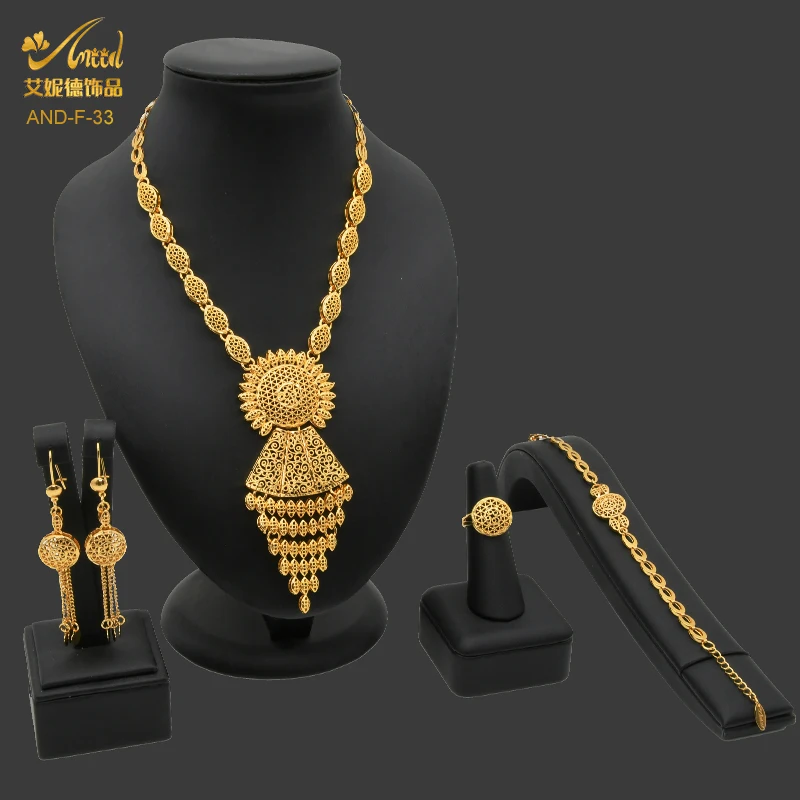 Indian Dubai Jewelry Set Woman Gold Color Bridal Wedding Nigerian Jewellery Sets African Necklace Earrings Bracelet Ring Arabic