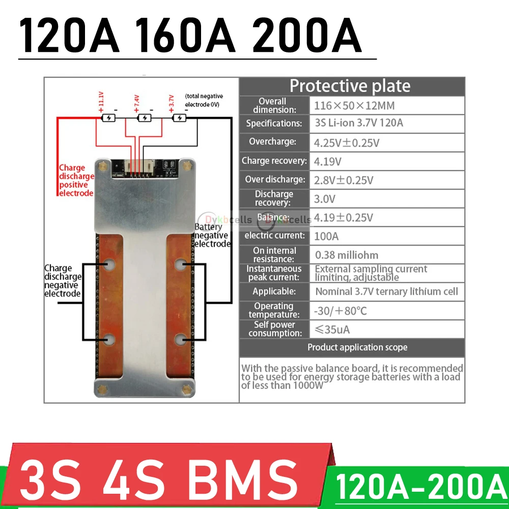 3S 4S Li-ion LifePo4 BMS 12.6V 16.8V 120A 160A 200A Lithium Battery Protection Board Balance Electric vehicle car start Inverter