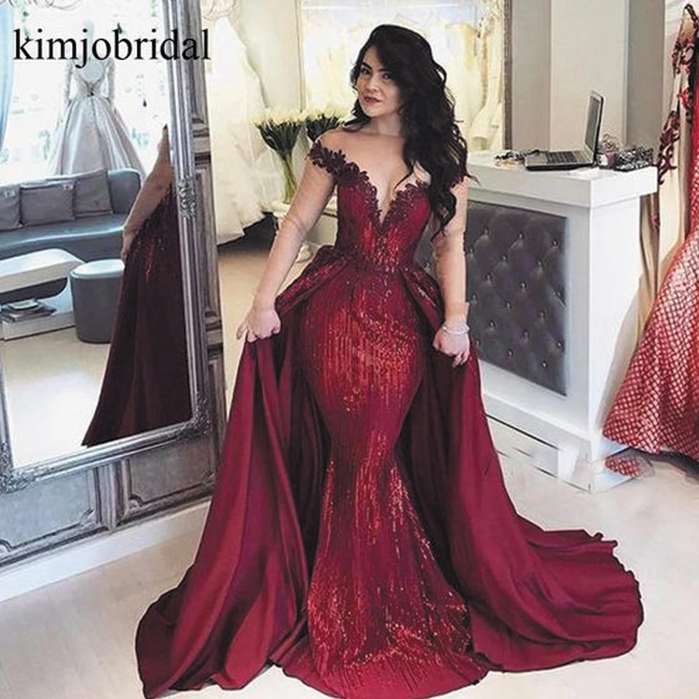 SuperKimJo Vestidos De Gala Burgundy ชุดราตรีที่ถอดออกได้กระโปรง Sparkly ลูกไม้ Applique Elegant ชุดราตรี