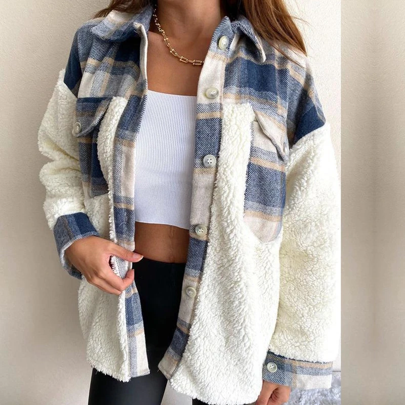 2021 weiblichen Frühling Herbst Mode Mantel Hemd Frauen Lamm Pelzmantel Warme Langarm Nähte Plaid Tasche Jacke Streetwear