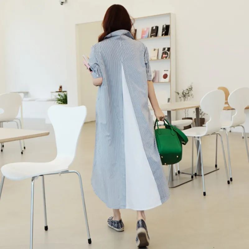 Irregular Chiffon Mixed Colors Striped Dress Spring New Women Loose Turn Down Collar Long Sleeve Casual Dresses