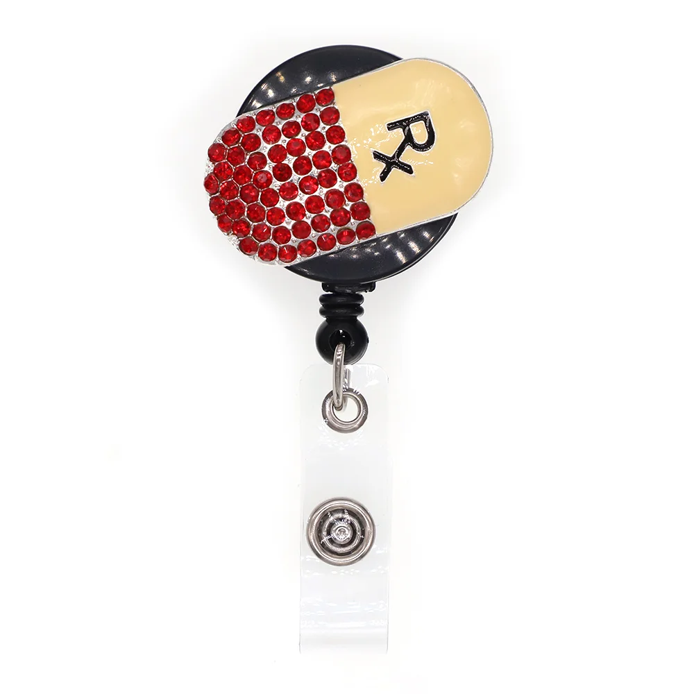 

10 pcs/lot Free Shipping Pill Rhinestone Retractable Id Badge Holder Reel