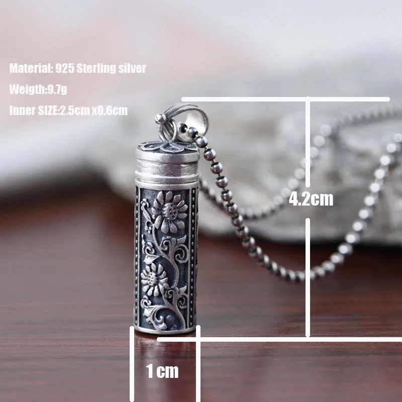 925 Sterling Silver Vintage Flower Engrave Tube Perfume Ash Urn Pendants Necklace Tibetan Silver Memorial Pure Silver Jewelry