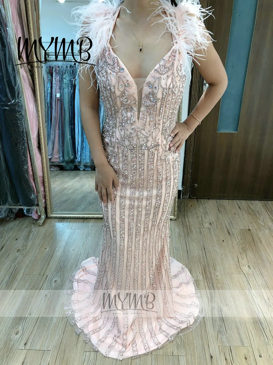 MYMB New Model Girls Wedding Party Dresses Luxury Couture Beading Open Back Pink Fitted Evening Dress MY31121