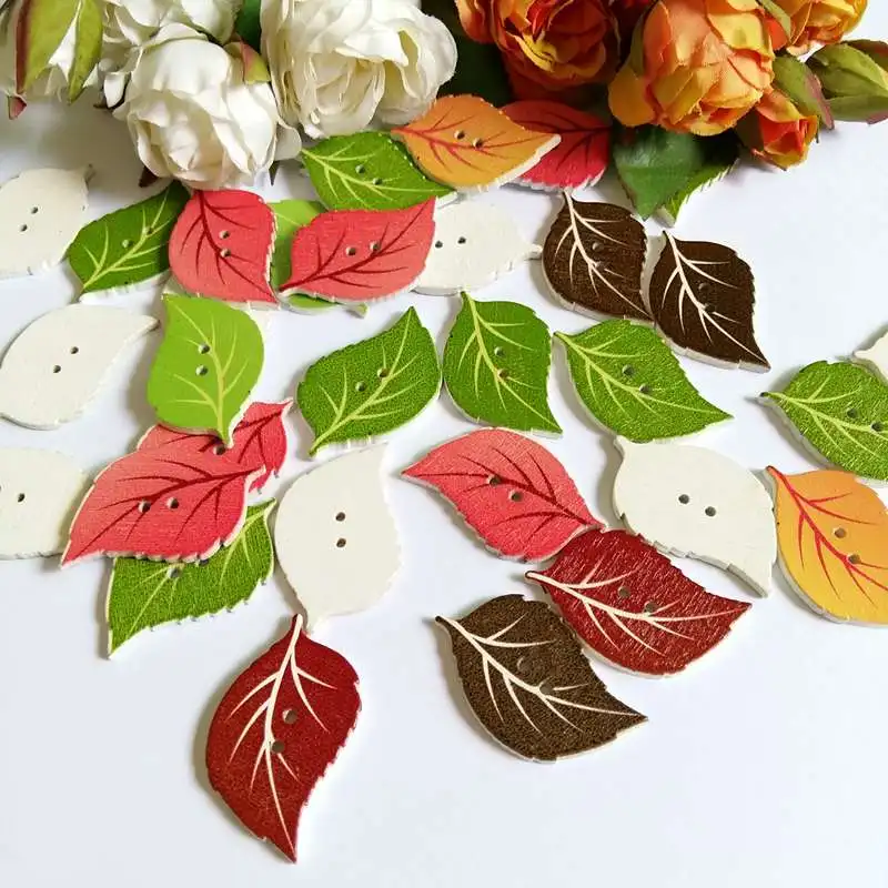 50pcs Cute Leaves Shaped Wooden Buttons 2 Holes Mixed Sewing Accessories Wood Botton For Clothing DIY Scrapbooking