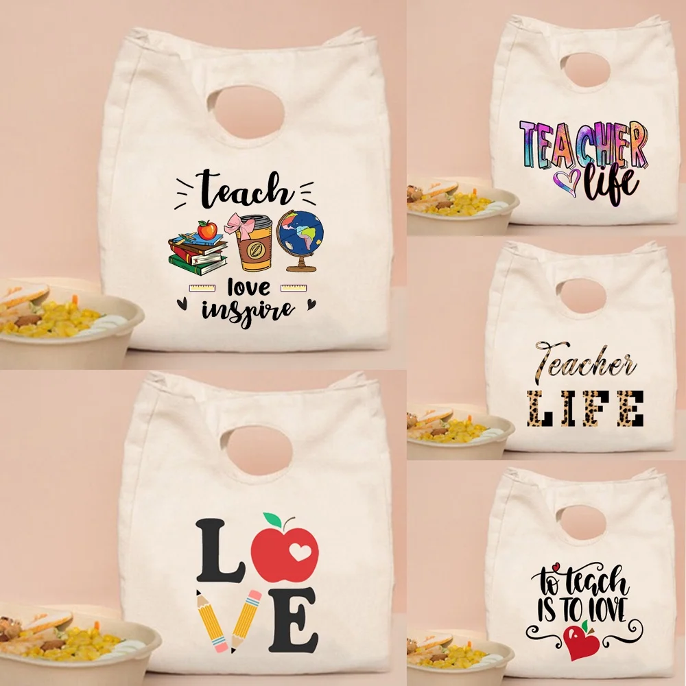 Teache Love Inspire Teacher Life Lunch Bag Canvas Cotton Lunch Box Picnic Tote Container Food Storage Bags Gift for Teacher