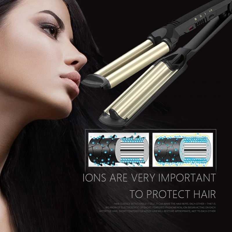 Kemei Hair Curler Professional 3 Barrels Big WAVE Curling Iron CRIMPING เหล็กปุยลูกกลิ้งไข่ม้วนผมจัดแต่งทรงผมเครื่องมือ