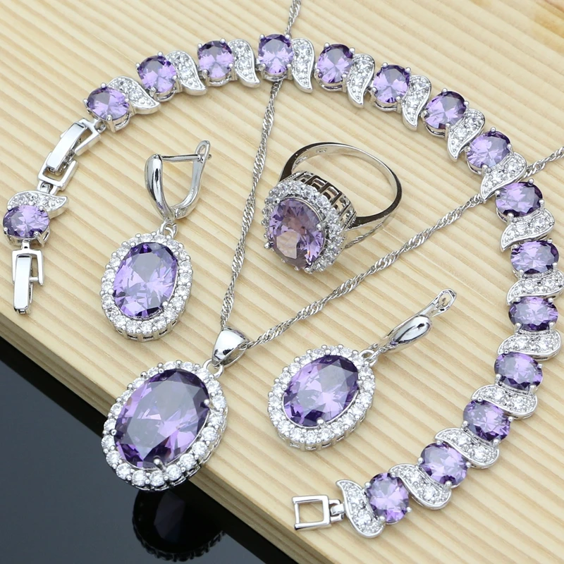 

Purple Gem Amethyst 925 Silver Jewelry Sets Earrings Rings Accessories Women Wdding Monkey Necklace Set Dropshipping