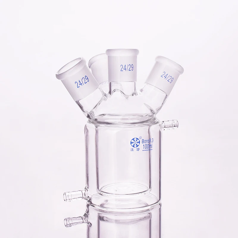 

FAPE Double-deck cylindrical Four-necked flat bottom flask,Capacity 100ml,Joint 24/29,Mezzanine jacketed reactor bottle