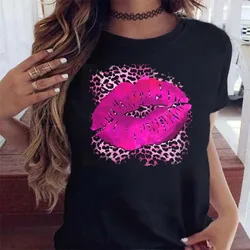 New Women Pink Lips Leopard Graphic T Shirt Casual Fashion O-neck Sexy Black Tees Kiss Lip Funny Girls Tshirt, Drop Shipping