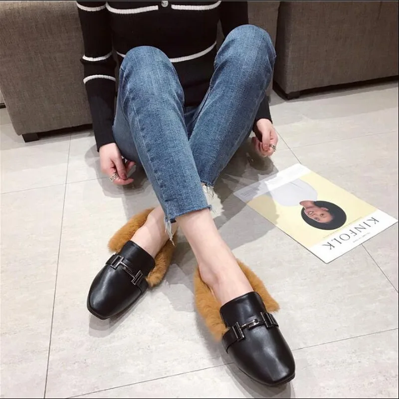 Woman Warm Snow Boots Superfine Fiber Rabbit Fur Mules Plush Furry Moccasins Ladies Fur Ankle Boots Winter Flat Shoes Plus Size