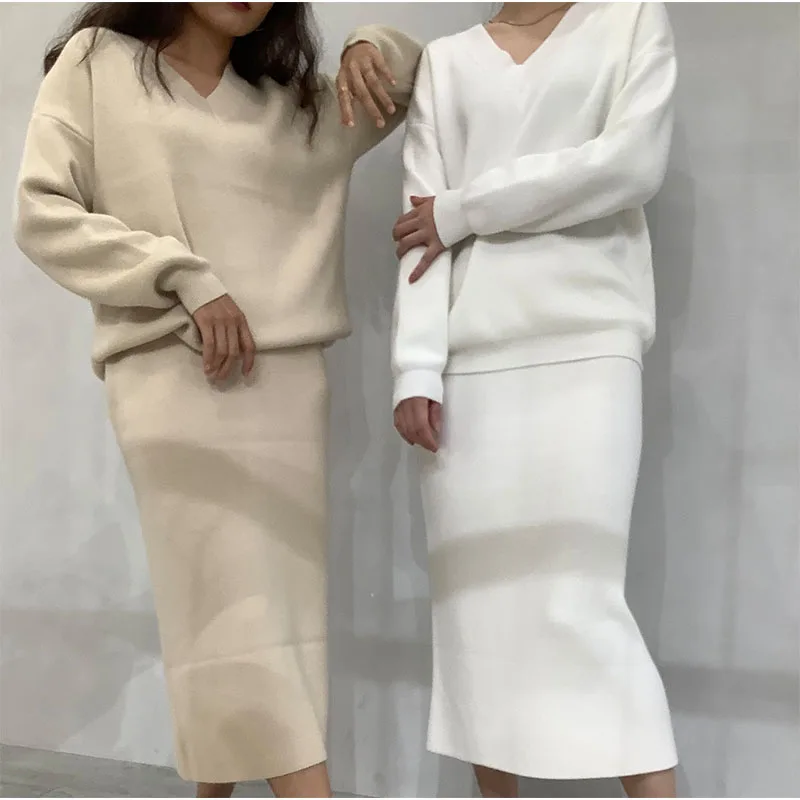 Mink Cashmere V Neck Wool Sweater + Hip Package Skirt Leisure 2 Pieces Dress Suit High Quality