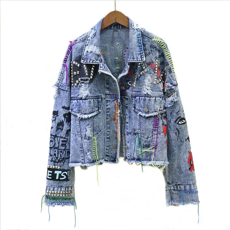 

2024 New Women's Denim Jacket Spring Autumn Graffiti Rivet Jean Jackets Female Holes Denim Jackets Fashion Girl Outerwear Coat