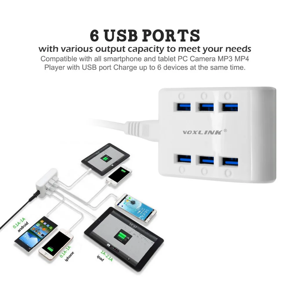 PUJIMAX USB Charger 24W 4.8A 6-Ports Hub USB Charging Station Multi Port Power Station for iPhone iPad Tablet huawei Xiaomi