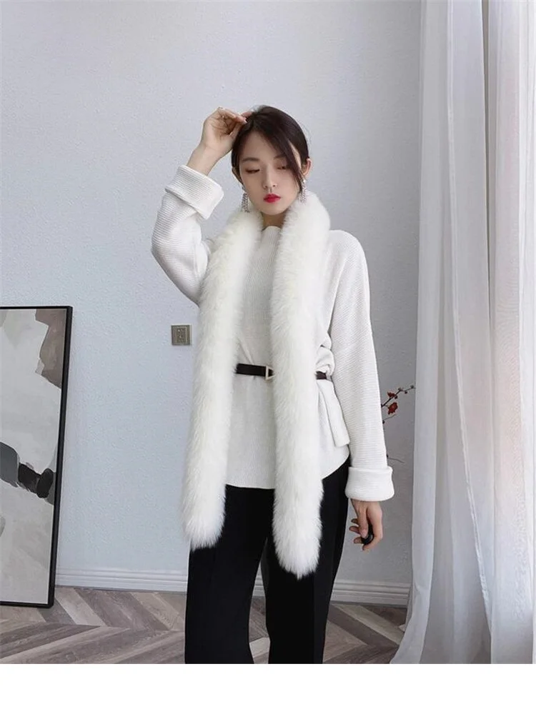 

Winter Women's Long Real Fox Fur Scarf Wraps Collar Shawl Shrug Beige Gray Color Female Gift