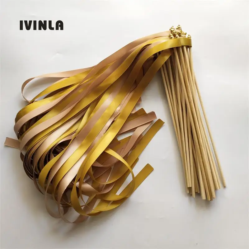 

50pcs/lot gold and light brown Wedding Ribbon Wands with Bells for wedding party