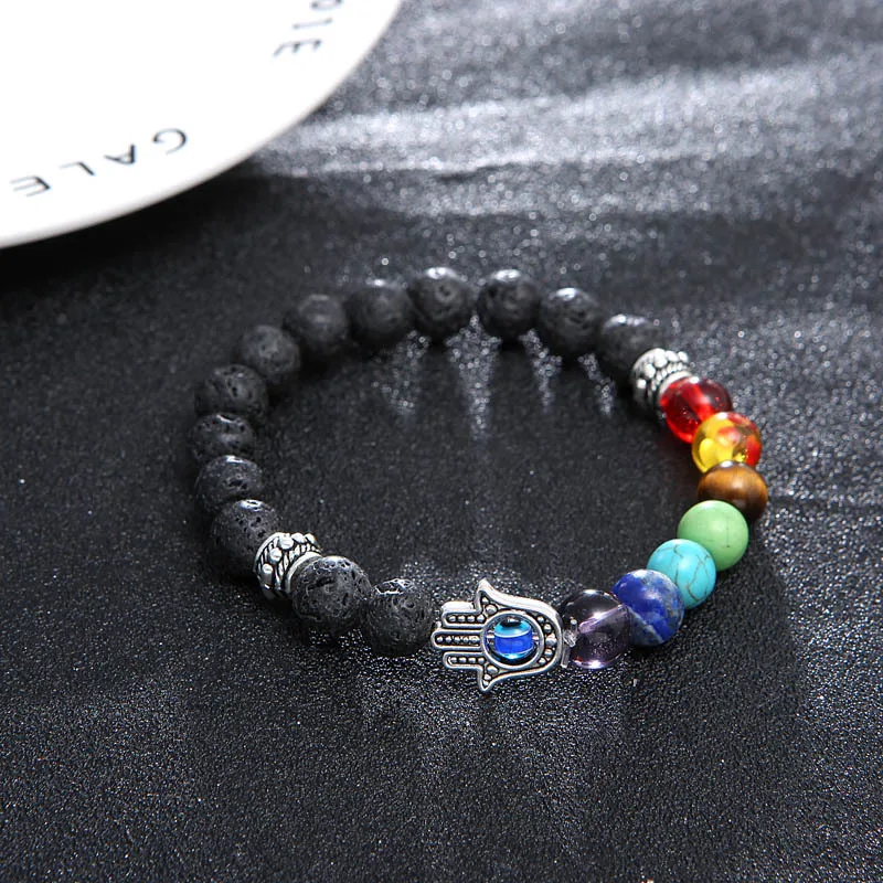 Natural Black Lava Stone 7 Chakra Beads Bracelet for Men Women Stretch Fatima Hamsa Hand Charm Blue Eye Bracelet Lucky Jewelry