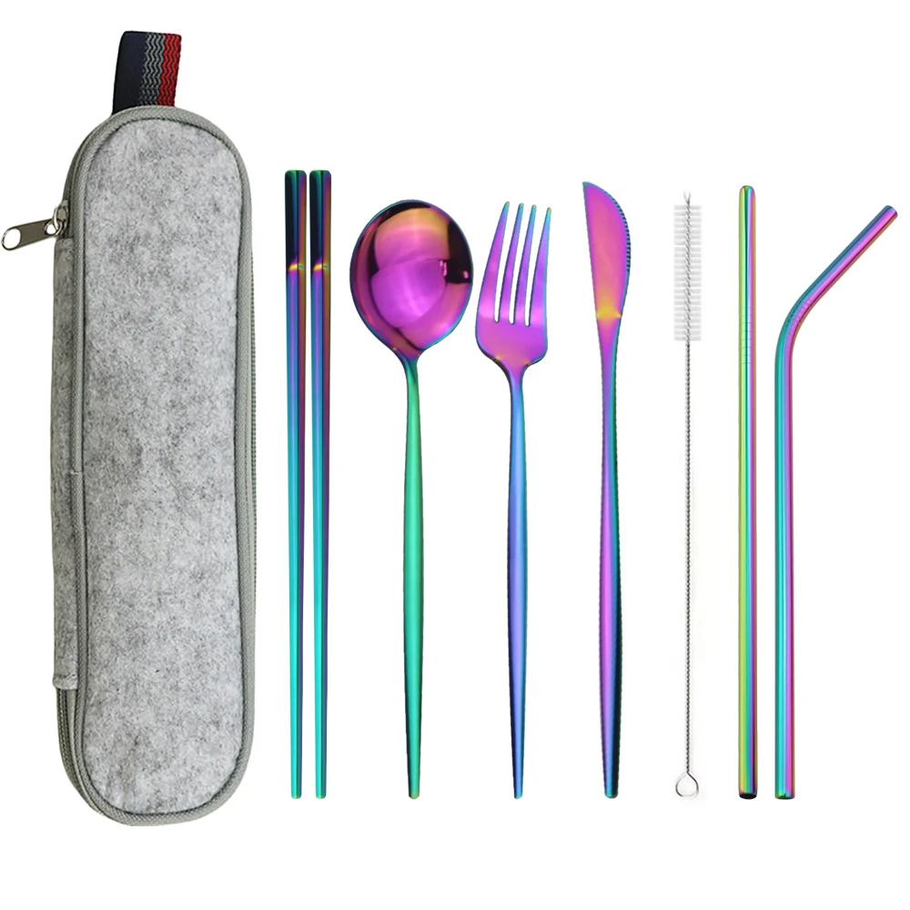 7pcs Dinnerware Set Travel Cutlery Set Reusable Silverware with Metal Straw Spoons Forks Chopsticks Kitchen Accessory with Bag