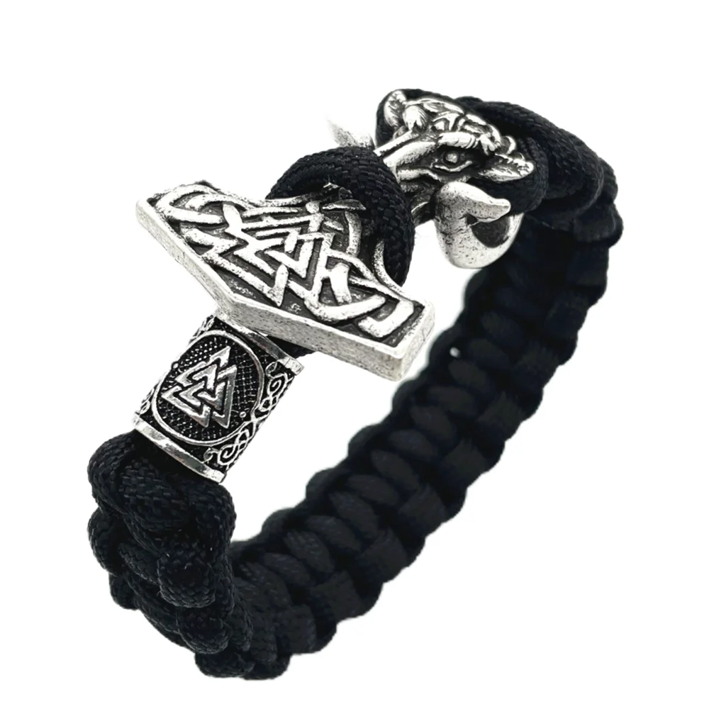 Viking Thor Hammer Mjolnir Jewelry Ram Goat Pendant Valknut Trinity Beads Braided Survival Paracord Bracelet Accessories