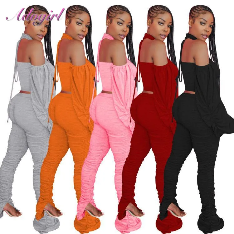 Avtive Women's Sets Puff Long Sleeve Bandage Crop Tops Stacked Flare Pants Suit Jogger Two Piece Sets Outfit Sportwear Tracksuit