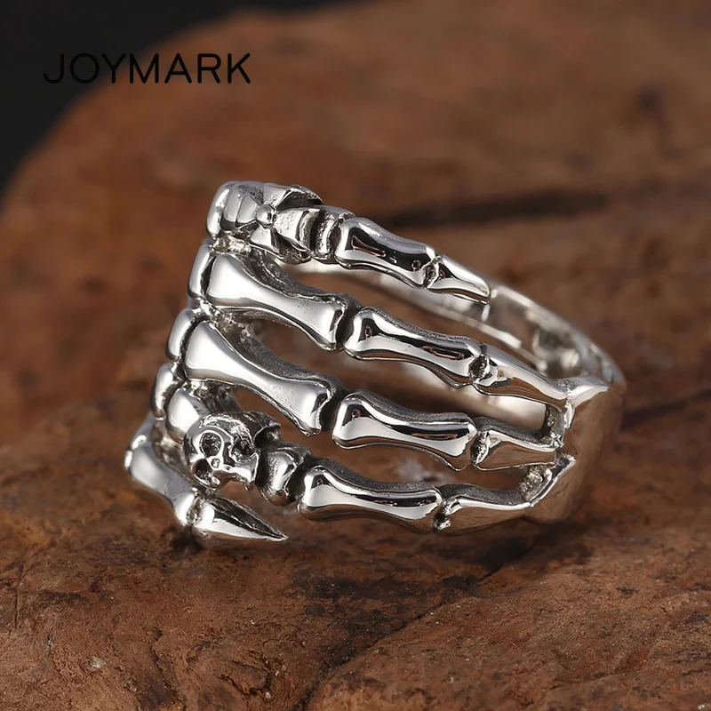 S925 Silver Skull Hand Bone Finger Ring Sterling Silver Fashion Jewelry Multiple Sizes Punk Style Skeleton Ring For Men Women