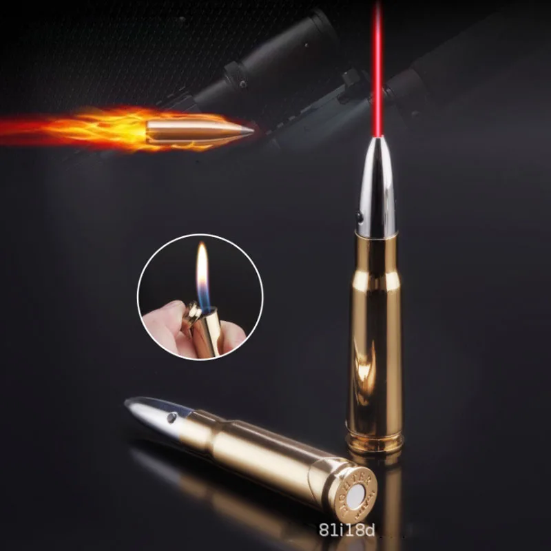 Creative Metal Bullet Shape Flame Lighter With Laser Light Butane Gas Windproof Cigarette Lighters Novelty Gadget