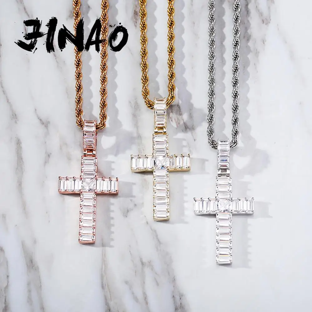 JINAO New Iced Out Cubic Zirconia Stones The Cross Pendant Necklace Hip Hop Jewelry For Men and Women Gift