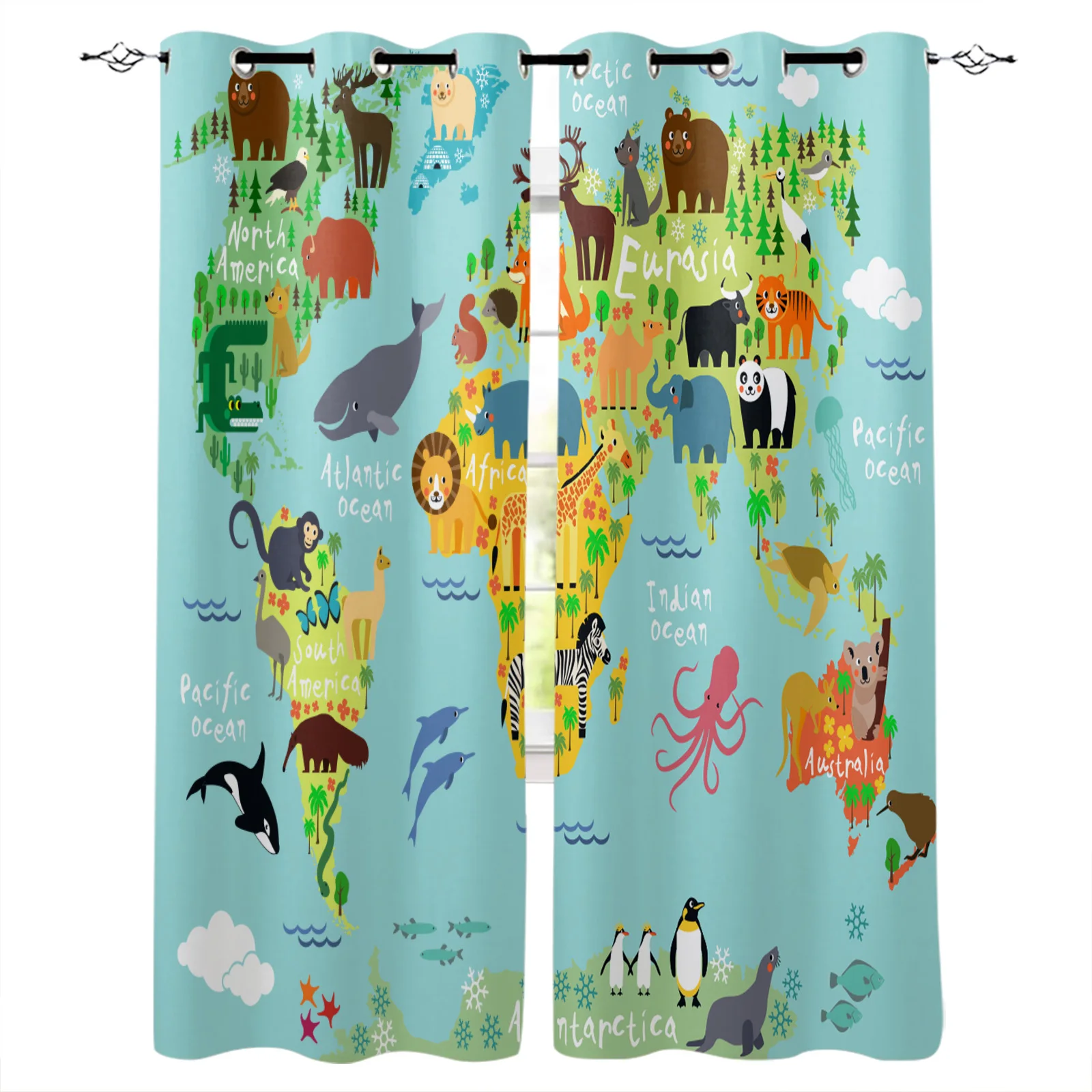 Wanderlust Decor Curtains Animal Map of The World for Children and Kids Cartoon Mountains Forests Living Room Bedroom Decor