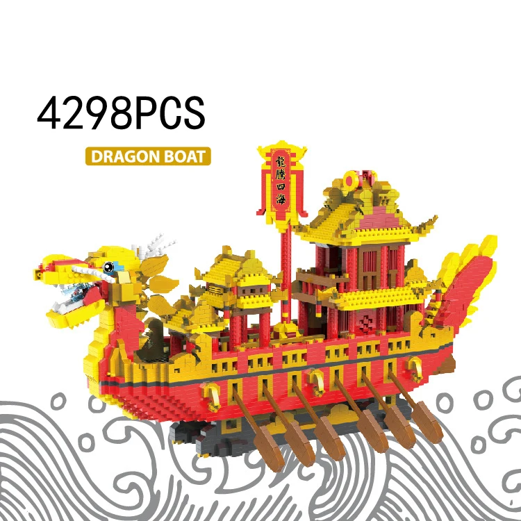 Creative China Dragon Boat Micro Diamond Block Royal Ship Building Brick Assemble Model Nanobrick Toy Collection For Adult Gift