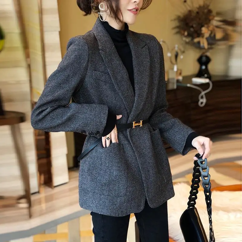 Dark Gray Woolen Blzer Women Mid-Length Coat Spring/Autumn Herringbone Suit Woolen Coat Office Lady Women Clothing Suit Blzer