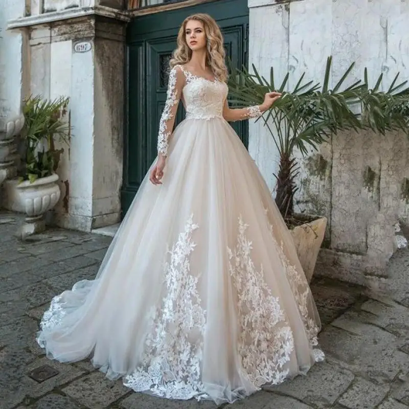 Abito da sposa 2021 abiti da principessa Sexy in pizzo con maniche lunghe in pizzo a maniche lunghe in pizzo