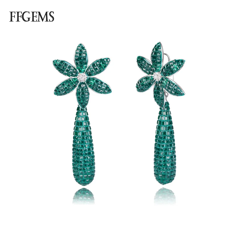 FFGems New Design 925 Silver drop big Earring Created Nano Emerald Fine Jewelry For Women Lady Engagement Wedding Party Gift Box