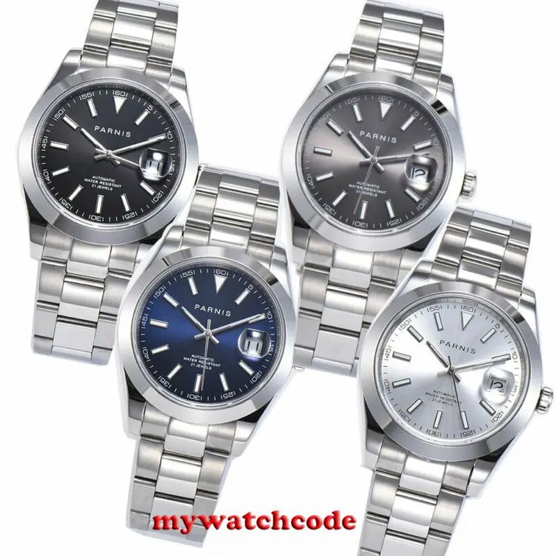 

39.5mm PARNIS White Black Blue Dial Luminous Date Automatic Mens Watch 21 Jewels MIYOTA 8215 Movement