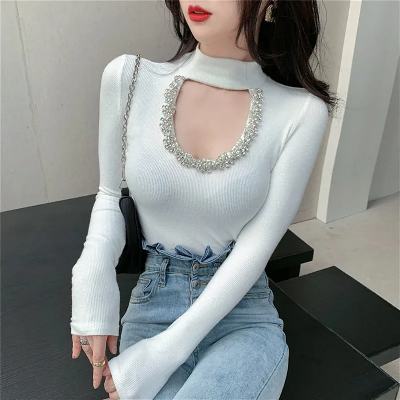 女性のためのセクシーなTシャツ,タートルネック,透かし彫り,ラインストーン,スリム,長袖,エレガント,2022