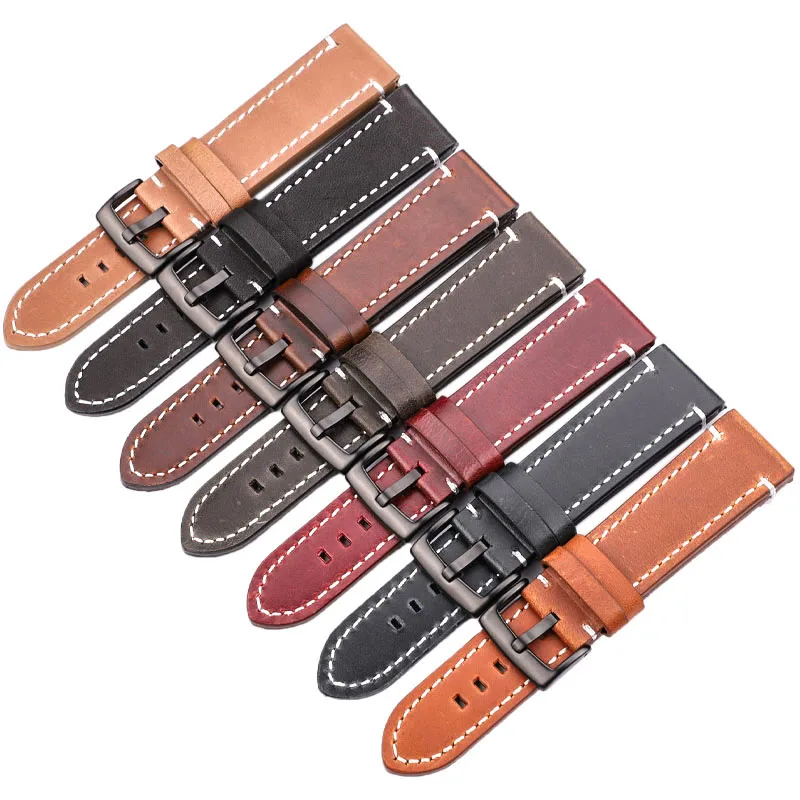 Cowhide Watchband 18 20 22 24mm Vintage Genuine Leather Replacement Watch Band Strap With Brushed Stainless Steel Buckle