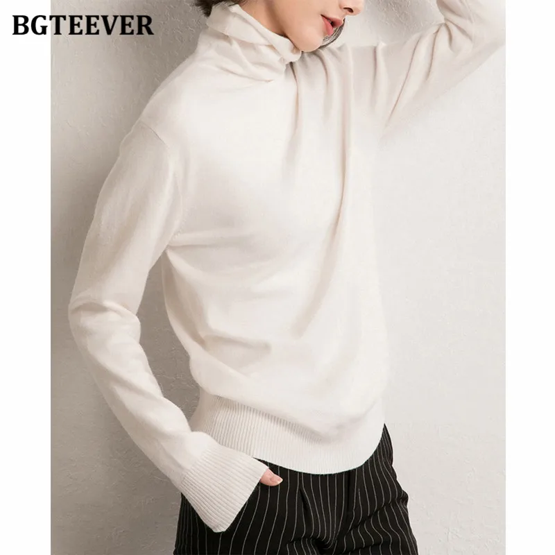 BGTEEVER Chic Turtleneck Knitted Female Pullovers Elegant Full Sleeve Slim Women Sweater 2021 Autumn Winter Women Knitwear Tops