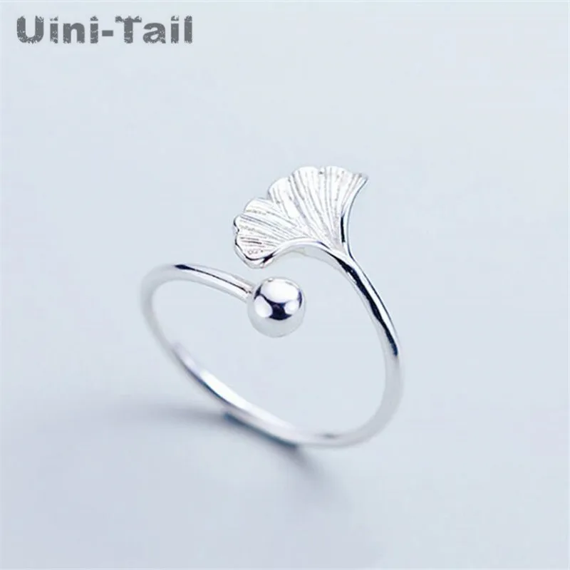 Uini-tail offre spéciale nouveau 925 argent tibétain Simple feuille de Ginkgo anneau frais mode feuille anneau ouvert bijoux de haute qualité ED650